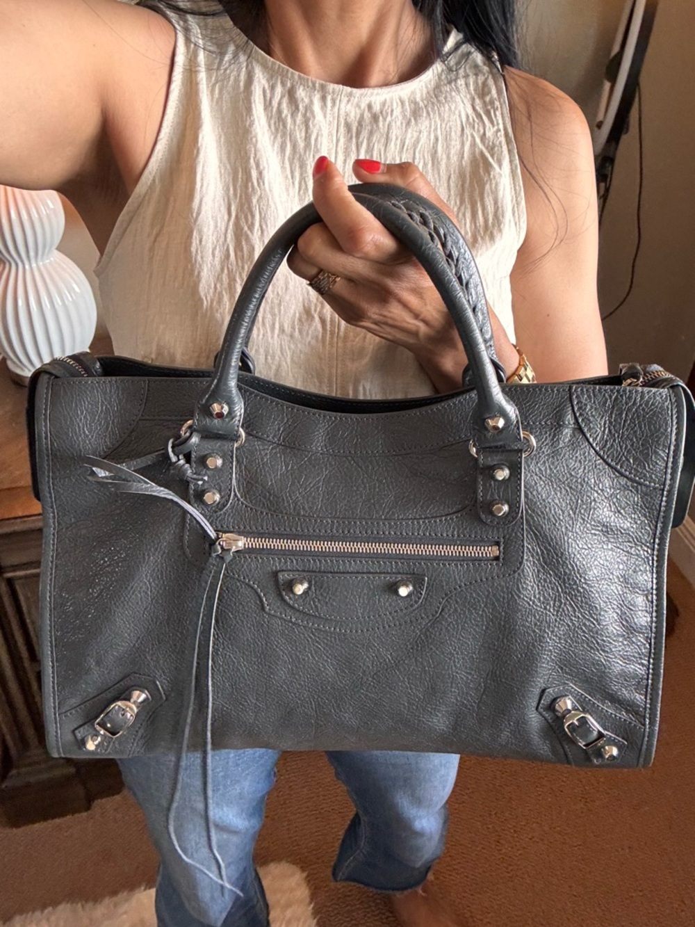 Balenciaga Charcoal Gray Leather Shoulder Tote with Stud Accents